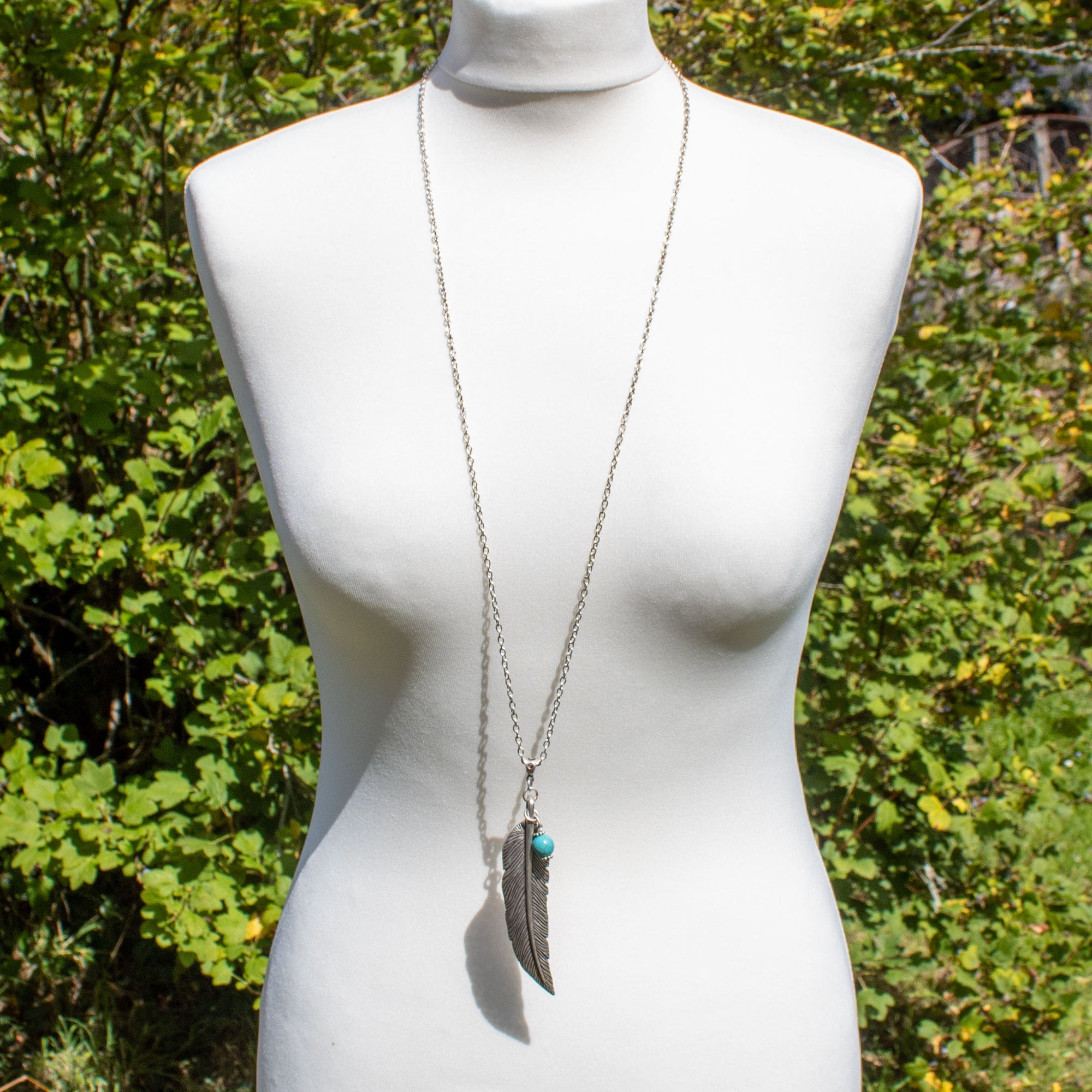 Long Feather & Turquoise Ball Necklace | Necklace - The Naughty Shrew