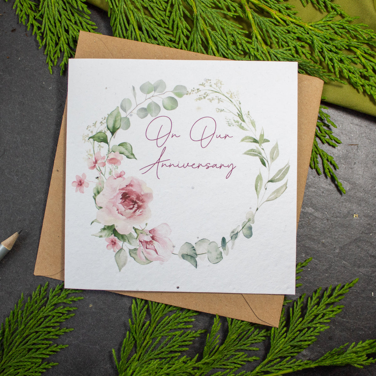 Plantable Greetings Card - Happy Anniversary Rose Wreath