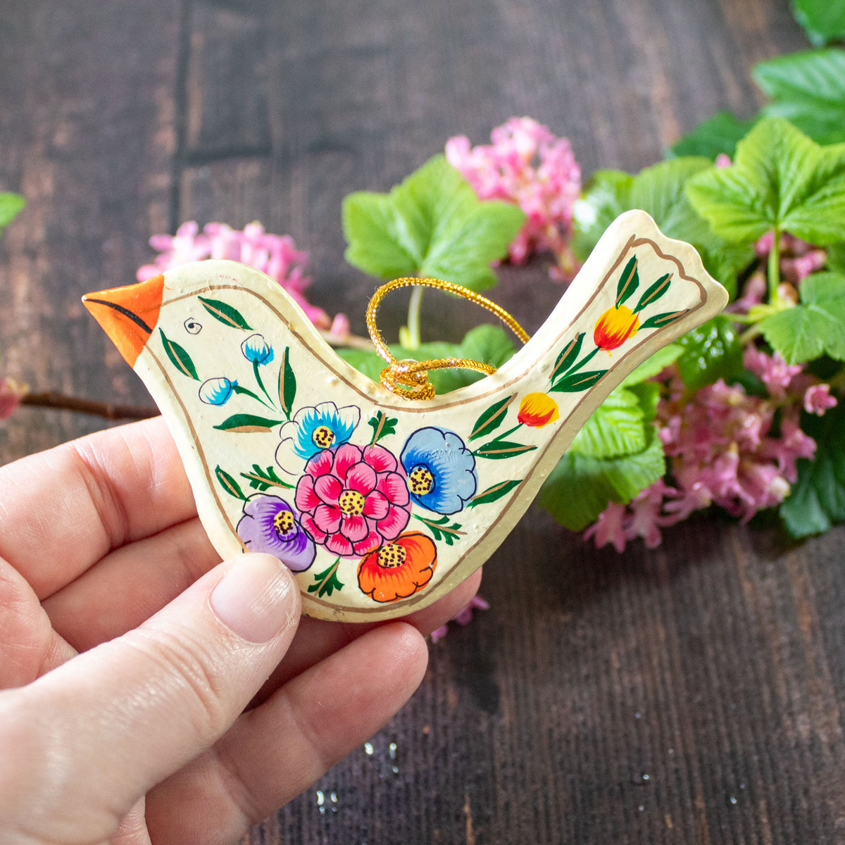 Hanging Spring Decoration - Painted Bird - Cream Flowers