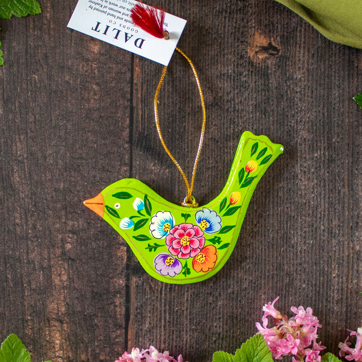 Hanging Spring Decoration - Painted Bird- Green Flowers