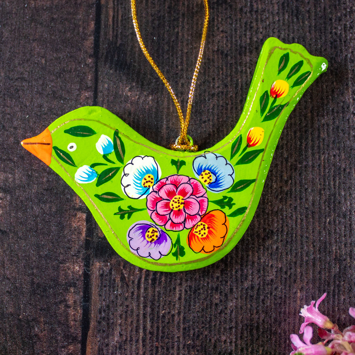 Hanging Spring Decoration - Painted Bird- Green Flowers
