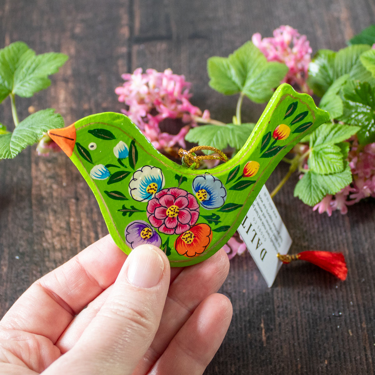Hanging Spring Decoration - Painted Bird- Green Flowers