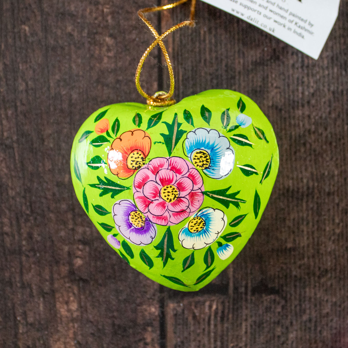 Hanging Spring Decoration - Painted Heart - Green Flowers