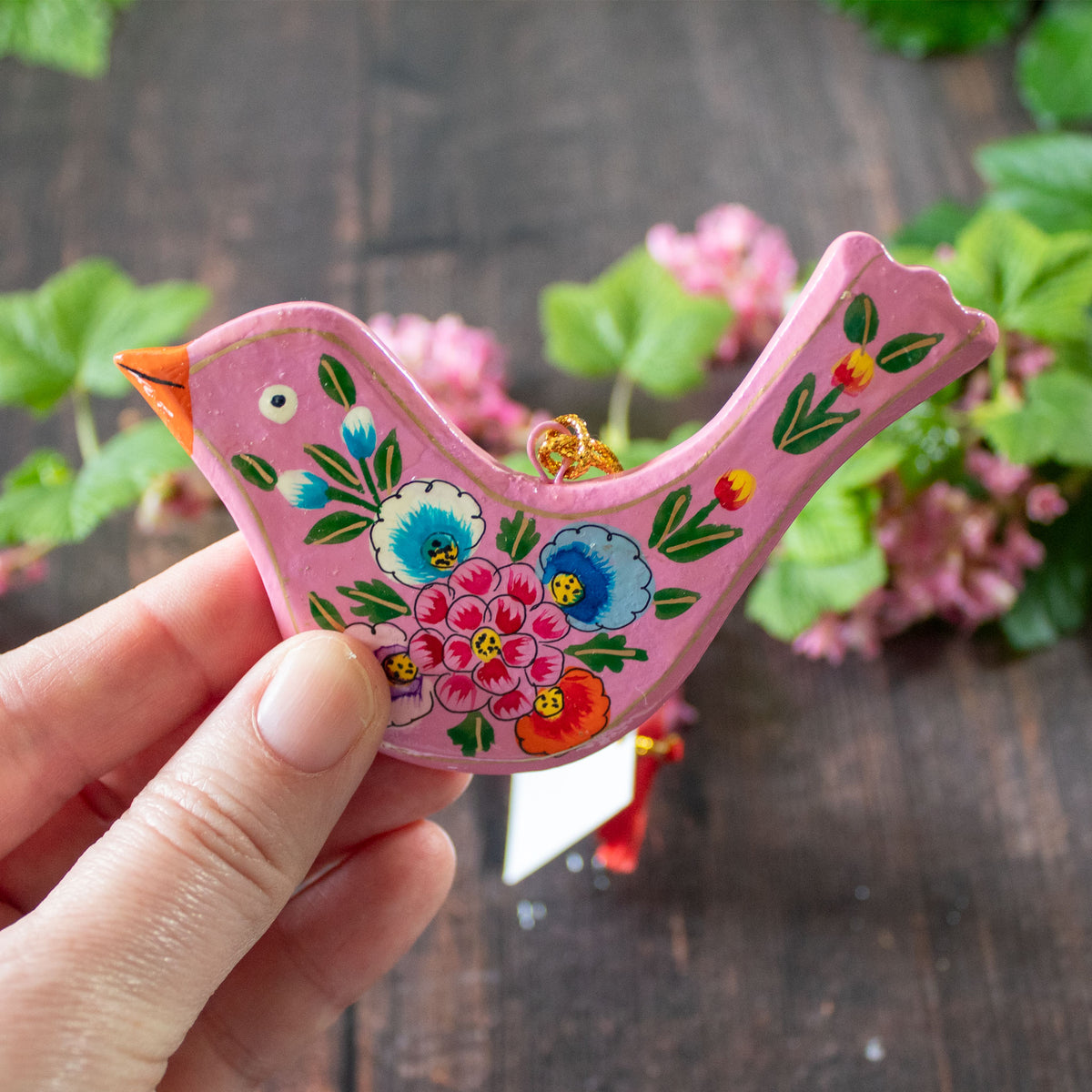 Hanging Spring Decoration - Painted Bird- Pink Flowers