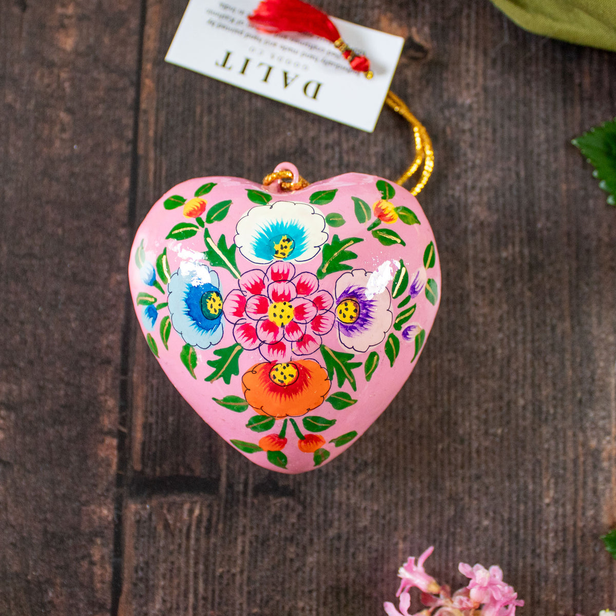 Hanging Spring Decoration - Painted Heart - Pink Flowers