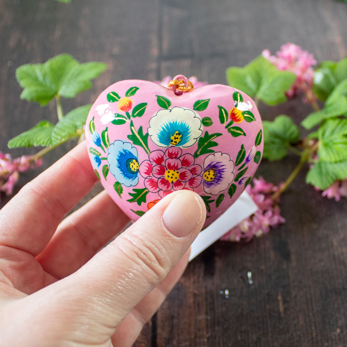 Hanging Spring Decoration - Painted Heart - Pink Flowers