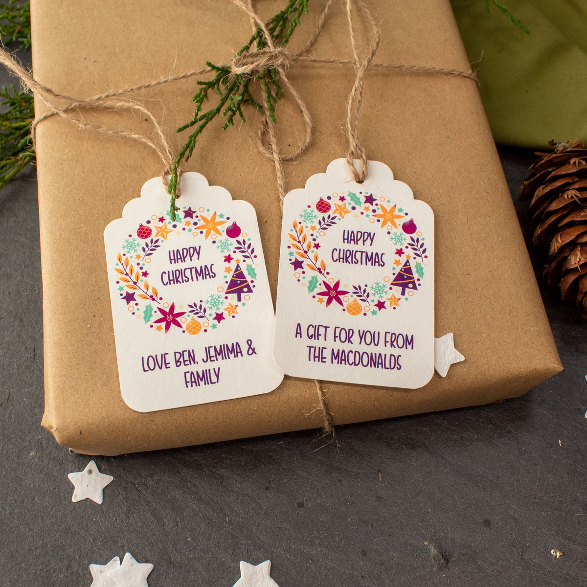 Personalised Christmas Gift Tags - Colourful Christmas Wreath, Set Of 9