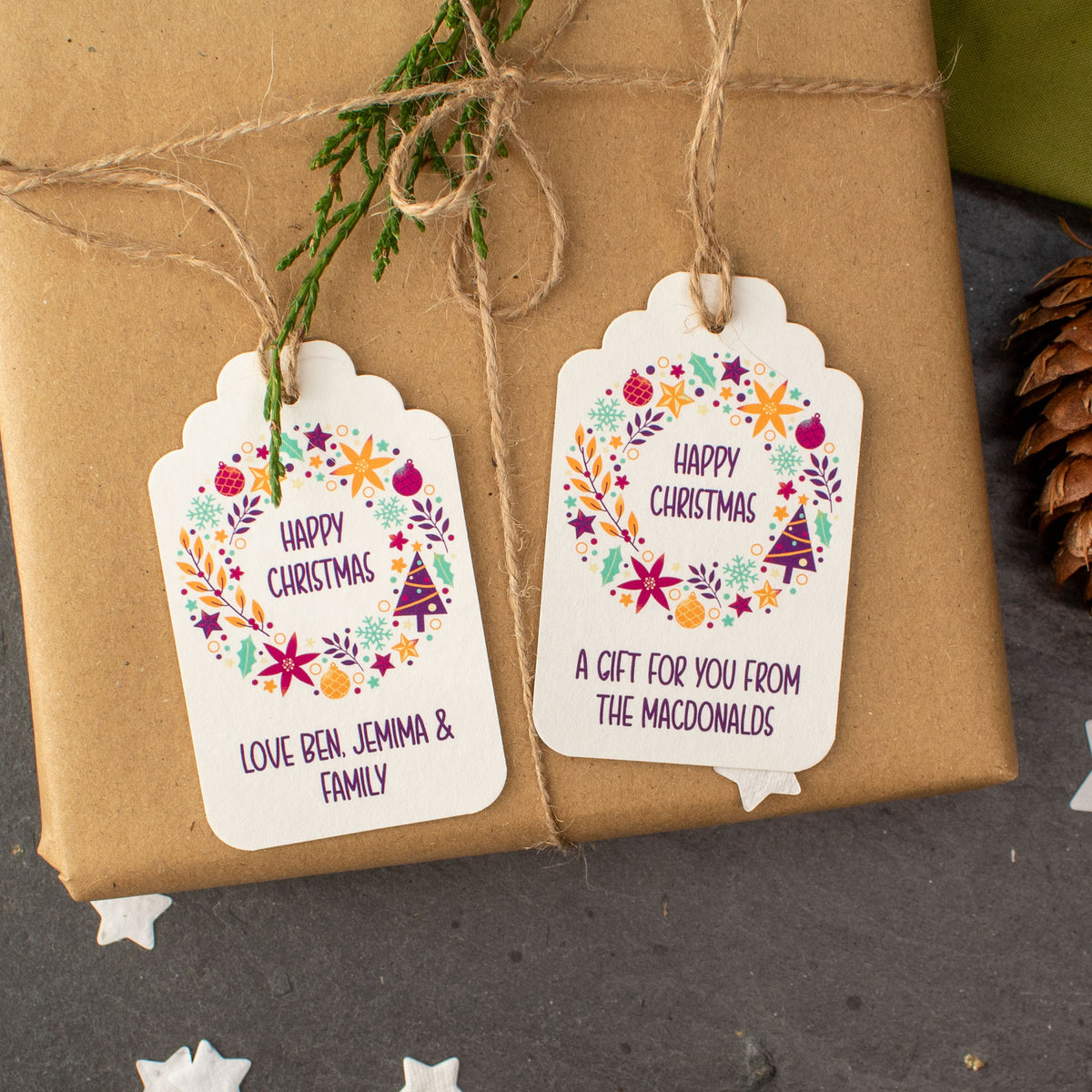 Personalised Christmas Gift Tags - Colourful Christmas Wreath, Set Of 9
