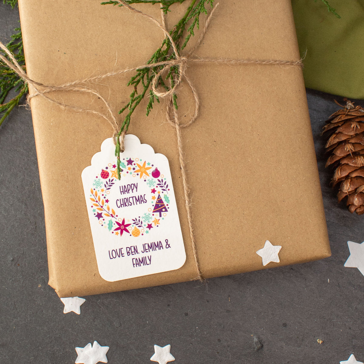 Personalised Christmas Gift Tags - Colourful Christmas Wreath, Set Of 9