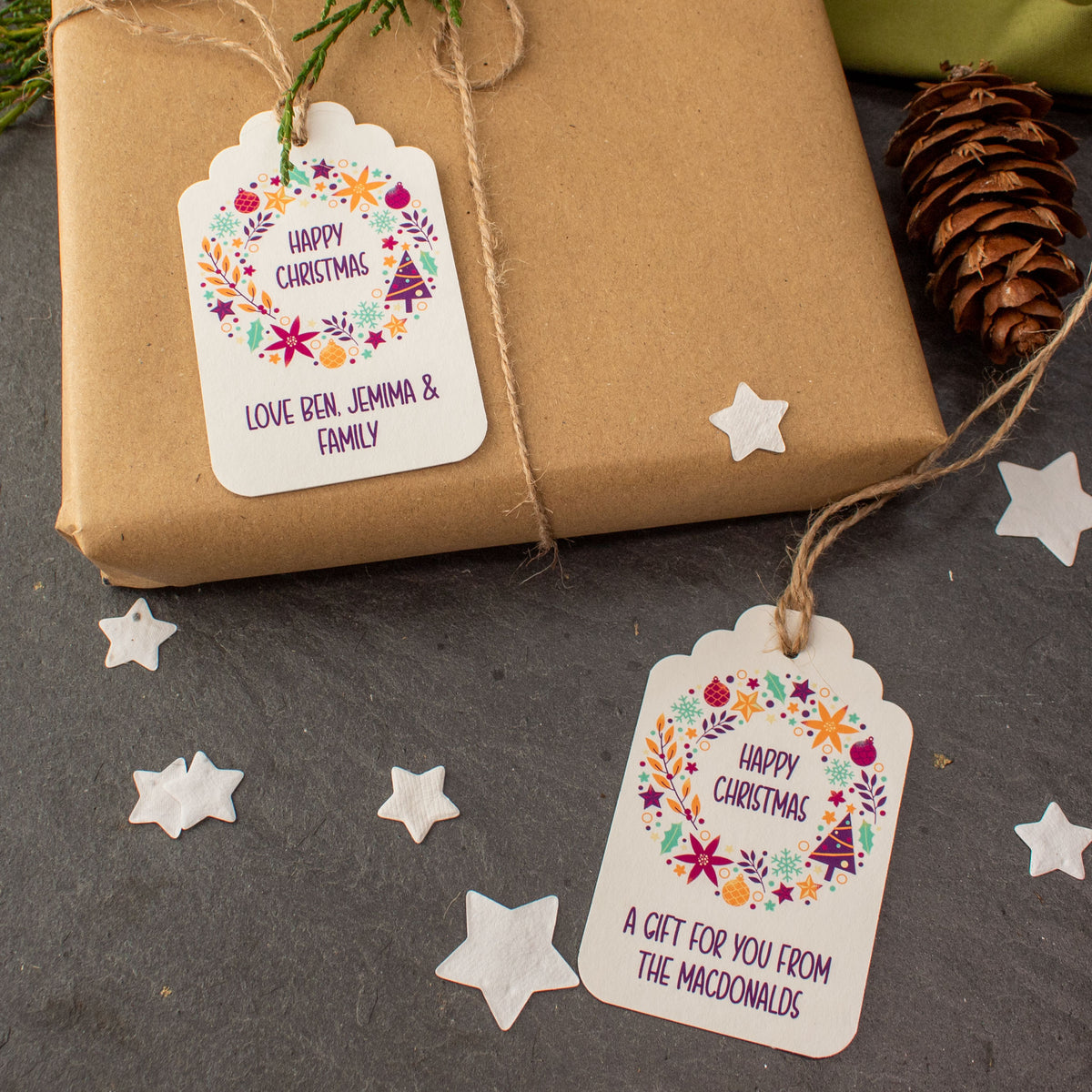 Personalised Christmas Gift Tags - Colourful Christmas Wreath, Set Of 9