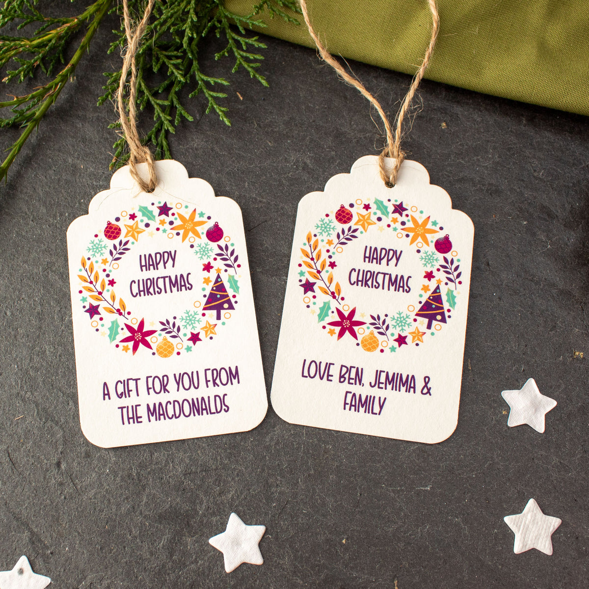 Personalised Christmas Gift Tags - Colourful Christmas Wreath, Set Of 9