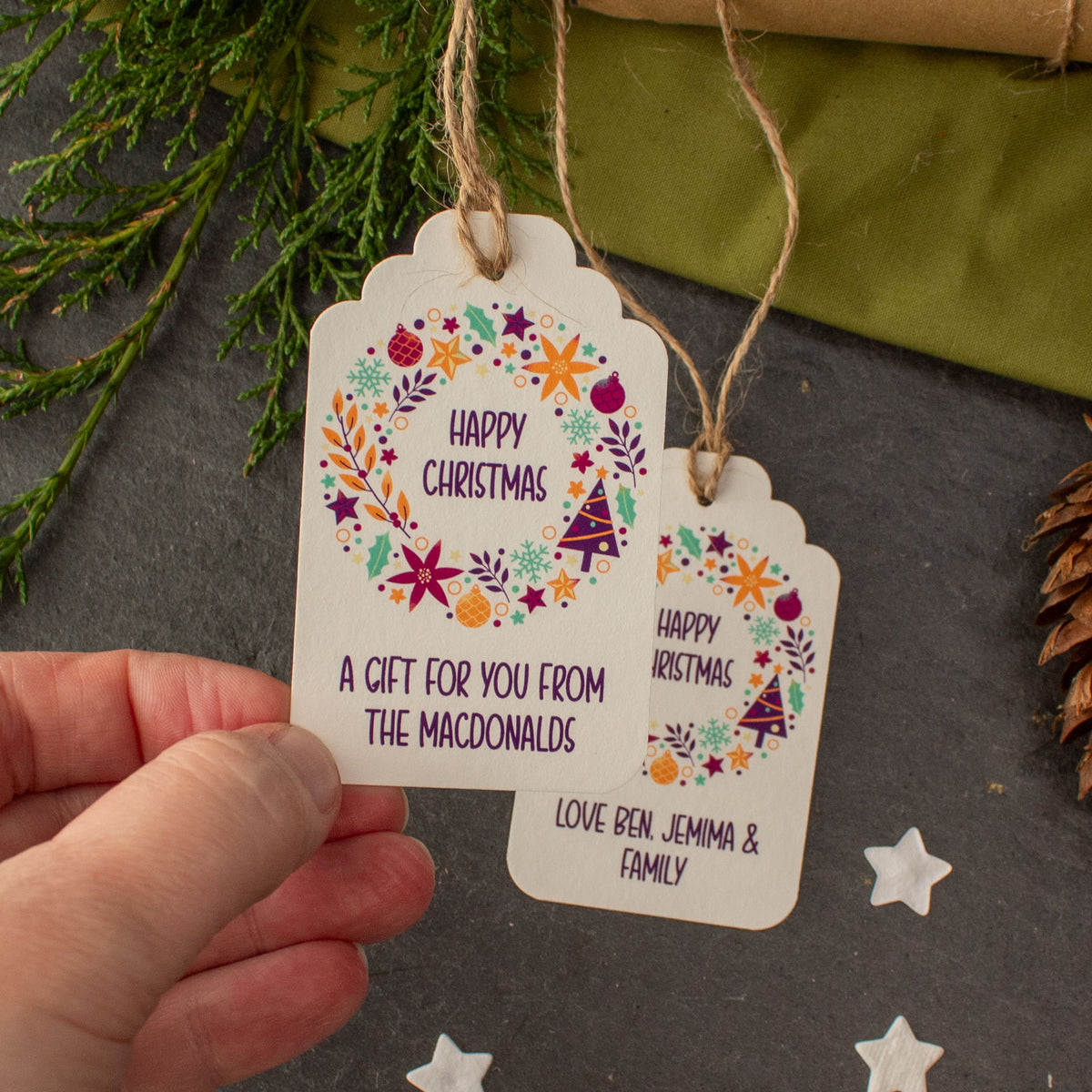Personalised Christmas Gift Tags - Colourful Christmas Wreath, Set Of 9