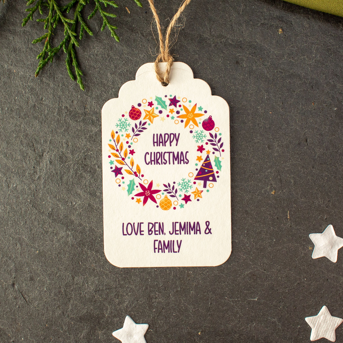 Personalised Christmas Gift Tags - Colourful Christmas Wreath, Set Of 9