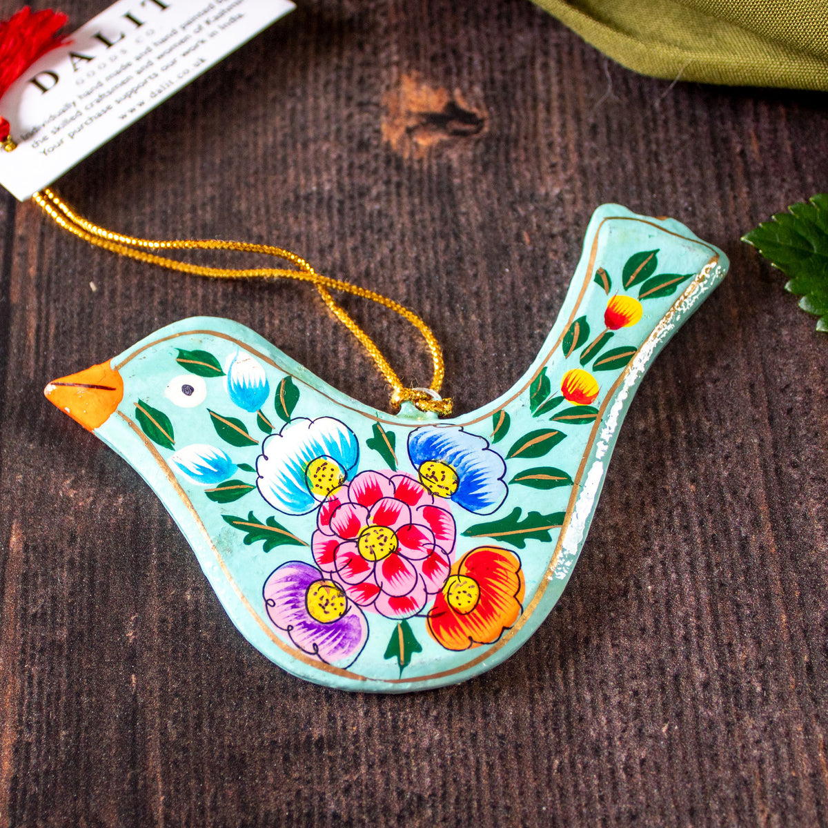 Hanging Spring Decoration - Painted Bird- Turquoise Flowers