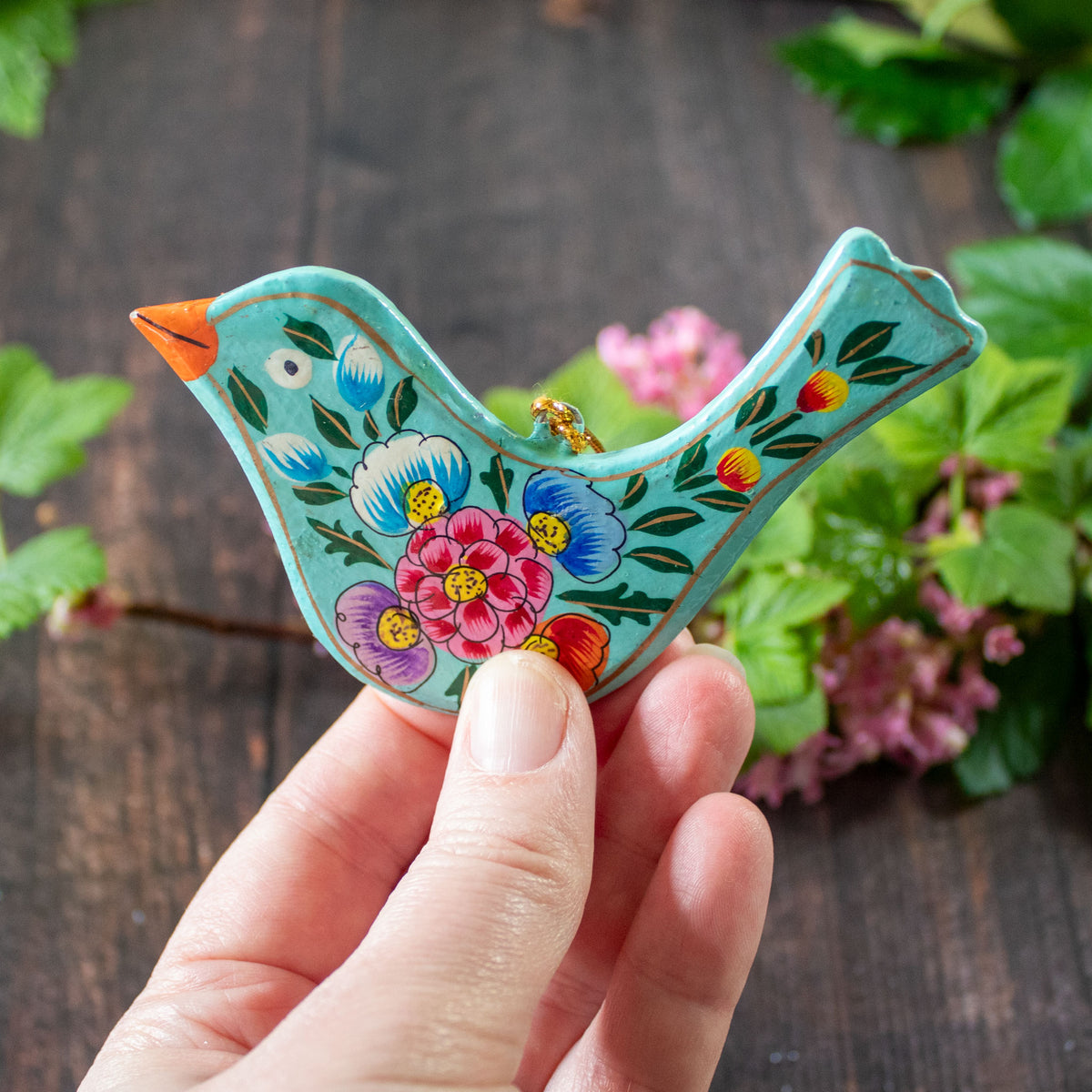 Hanging Spring Decoration - Painted Bird- Turquoise Flowers