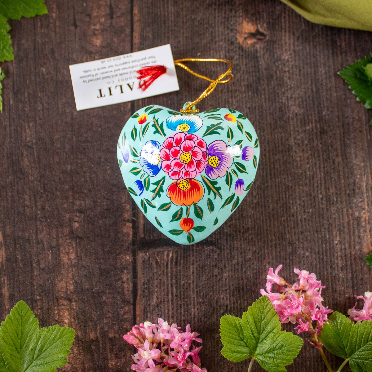 Hanging Spring Decoration - Painted Heart - Turquoise Flowers