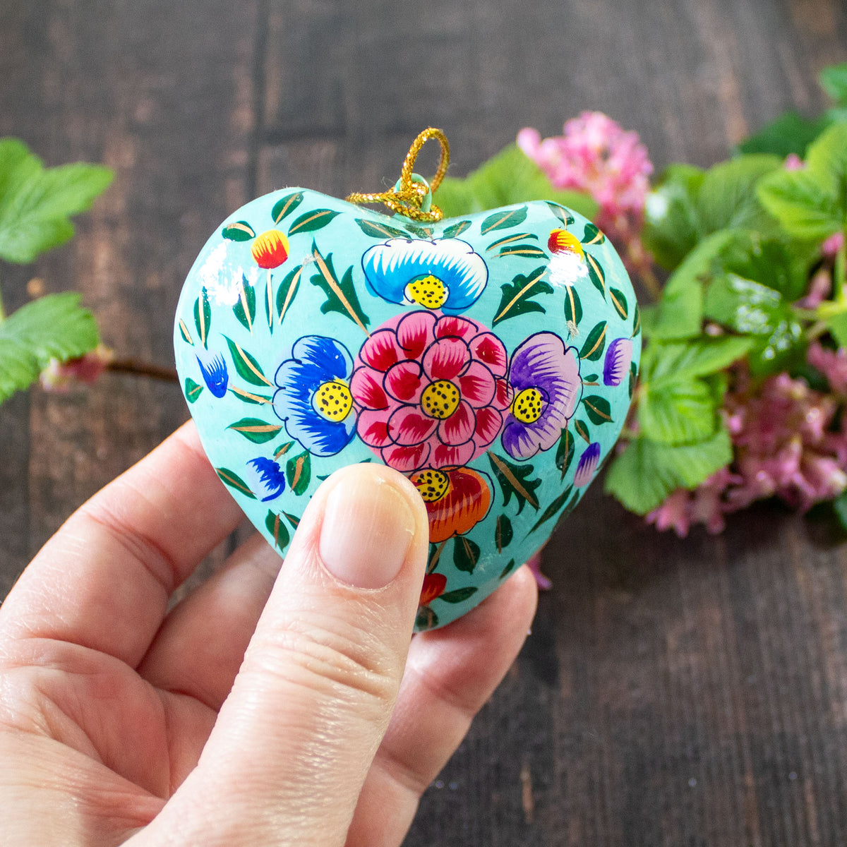 Hanging Spring Decoration - Painted Heart - Turquoise Flowers