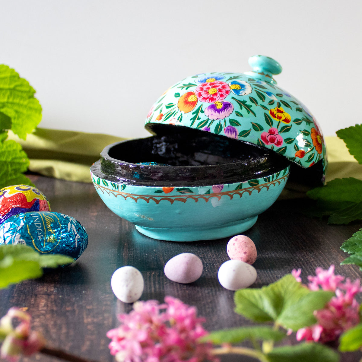 Painted Trinket Box - Turquoise Flowers