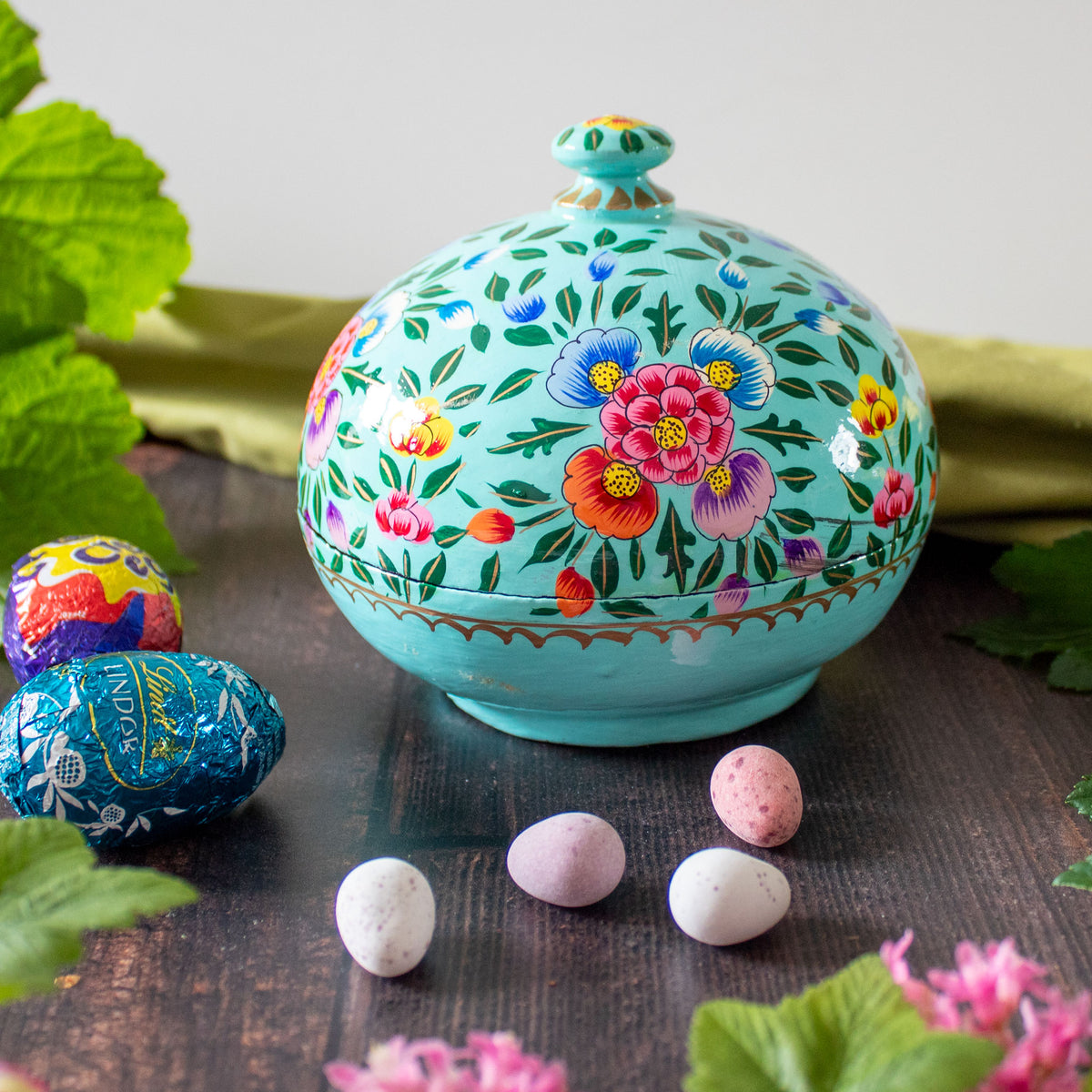 Painted Trinket Box - Turquoise Flowers