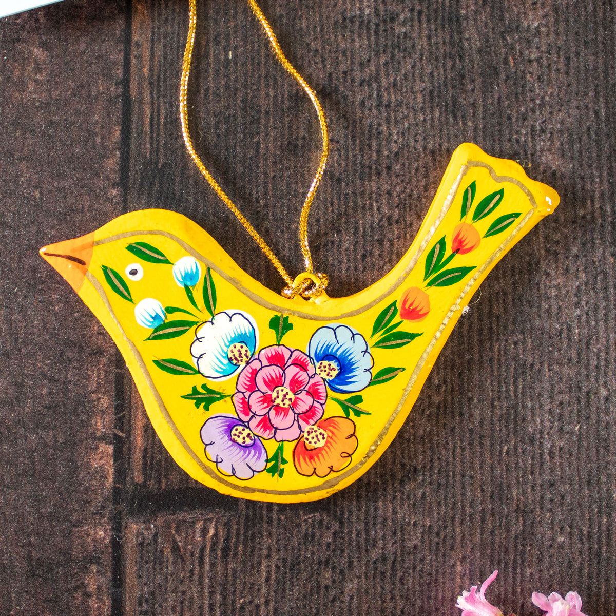 Hanging Spring Decoration - Painted Bird - Yellow Flowers