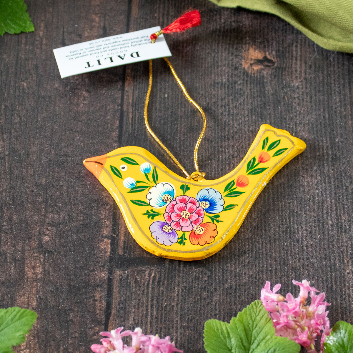 Hanging Spring Decoration - Painted Bird - Yellow Flowers