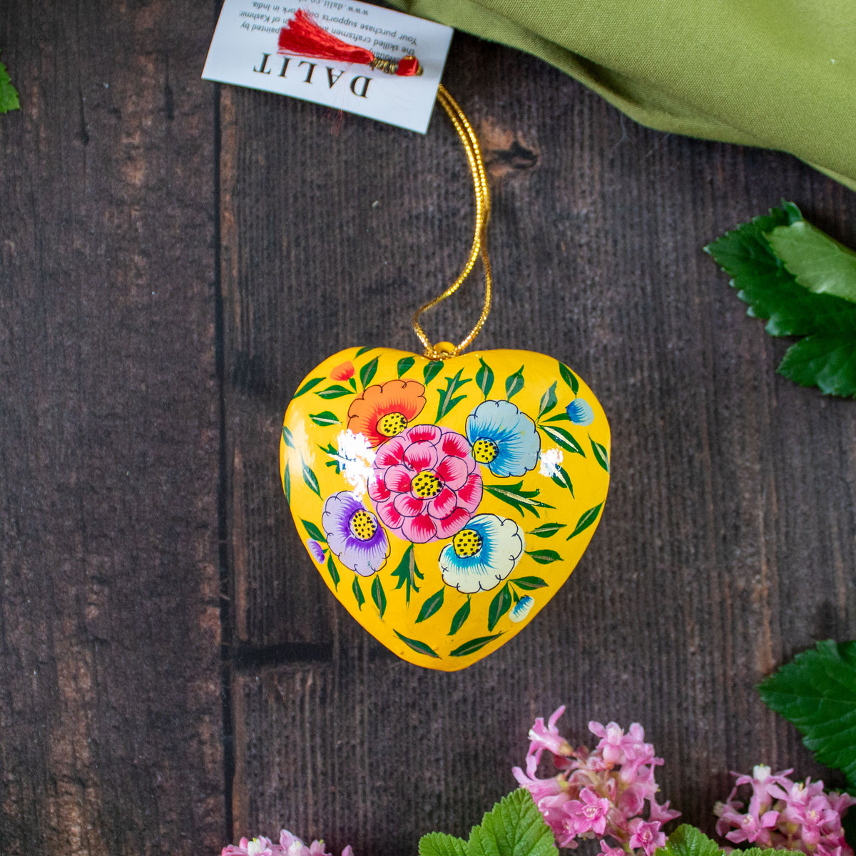 Hanging Spring Decoration - Painted Heart - Yellow Flowers