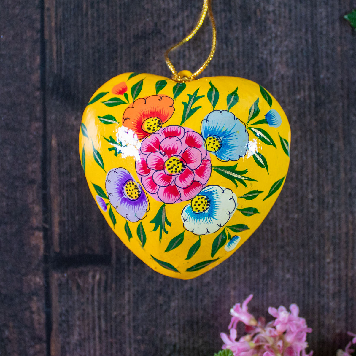 Hanging Spring Decoration - Painted Heart - Yellow Flowers