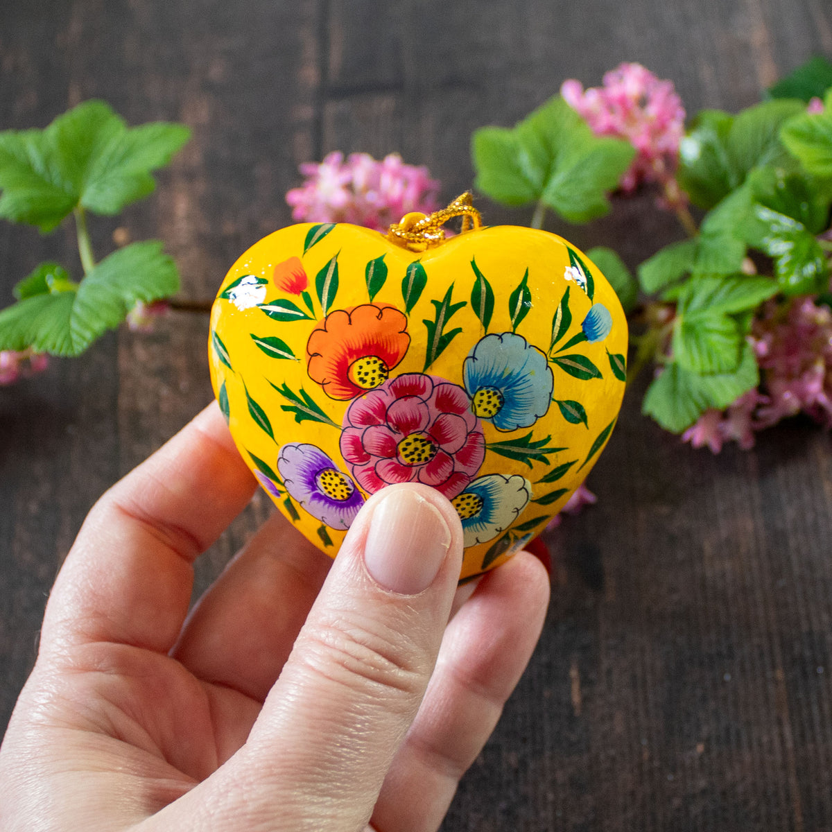Hanging Spring Decoration - Painted Heart - Yellow Flowers