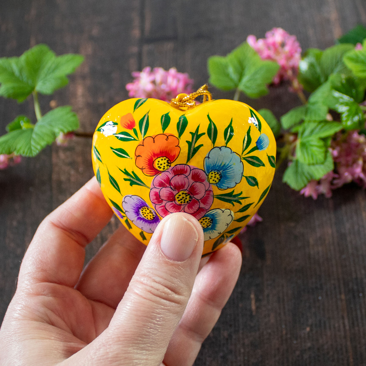 Hanging Spring Decoration - Painted Heart - Yellow Flowers