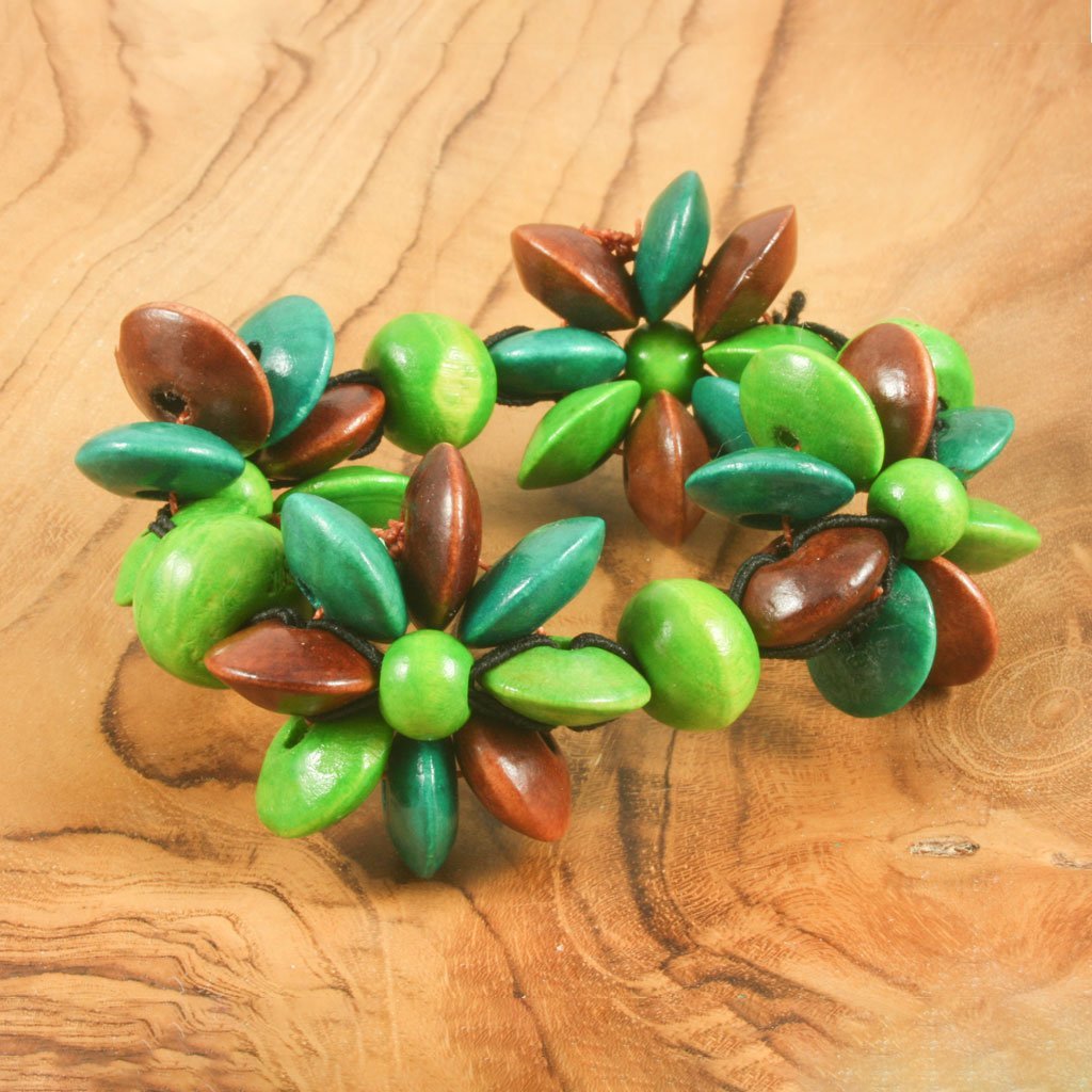 Brown &amp; green wooden flower bead bracelet | Bracelet - The Naughty Shrew