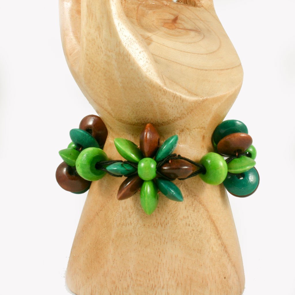 Brown &amp; green wooden flower bead bracelet | Bracelet - The Naughty Shrew
