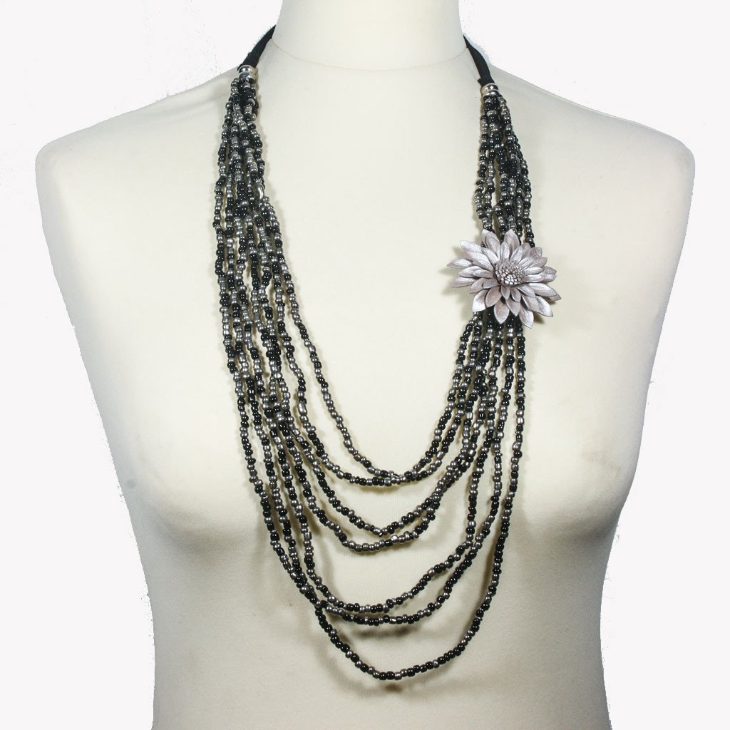 Multi-strand black & silver necklace with silver leather flower | Necklace - The Naughty Shrew