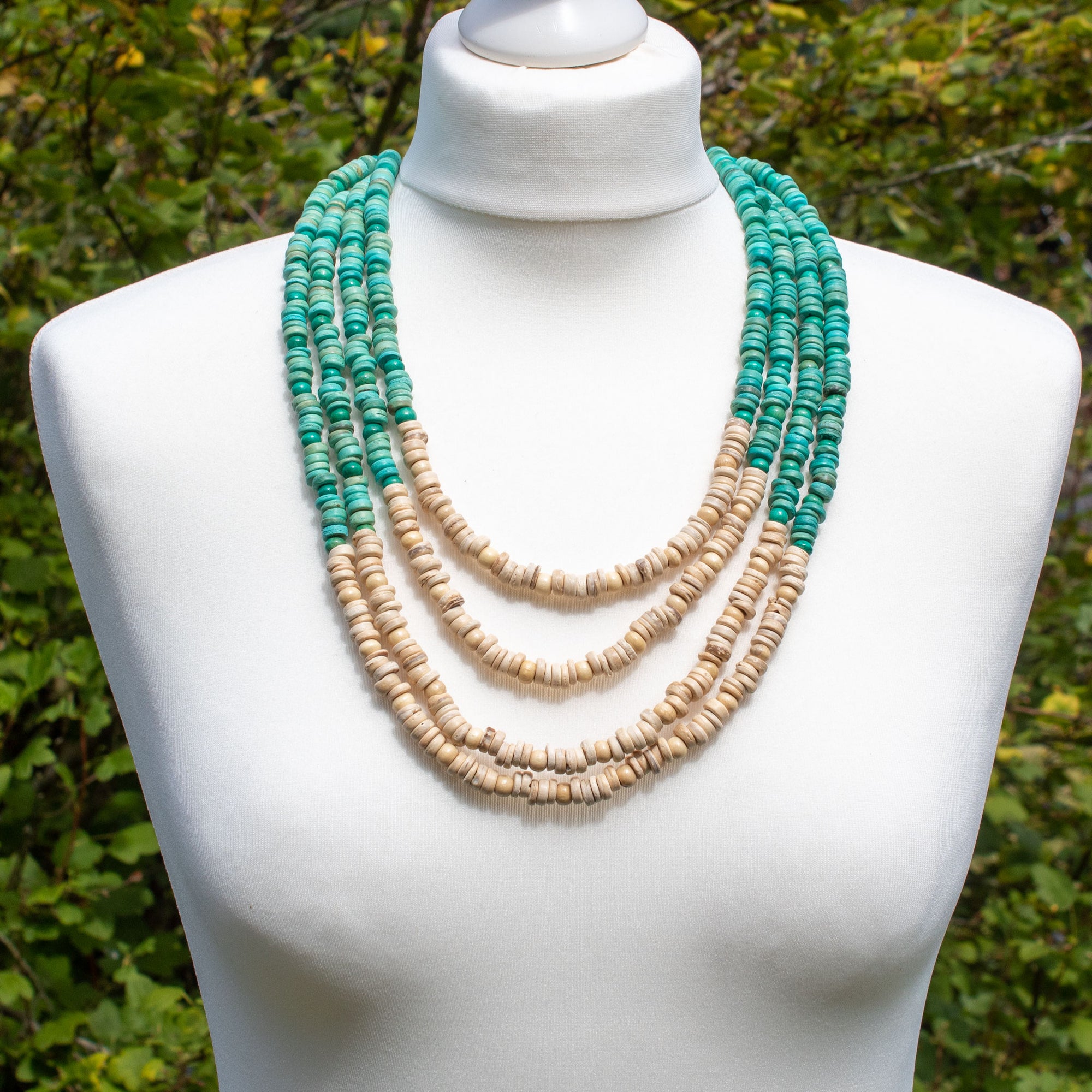 Cream & Turquoise Wooden Bead Multi-strand Necklace | Necklace - The Naughty Shrew