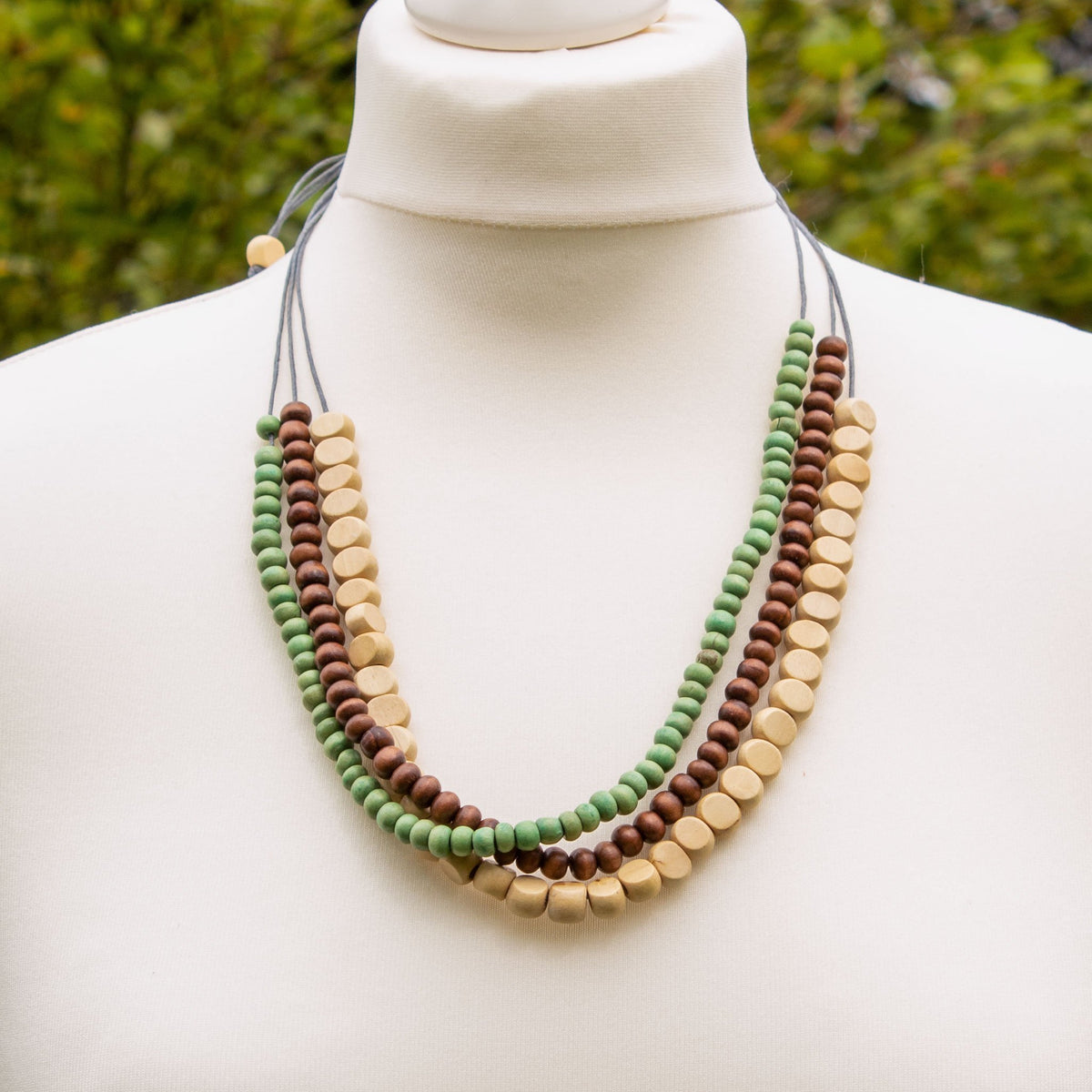 Green, Cream &amp; Brown Wooden Necklace | Necklace - The Naughty Shrew
