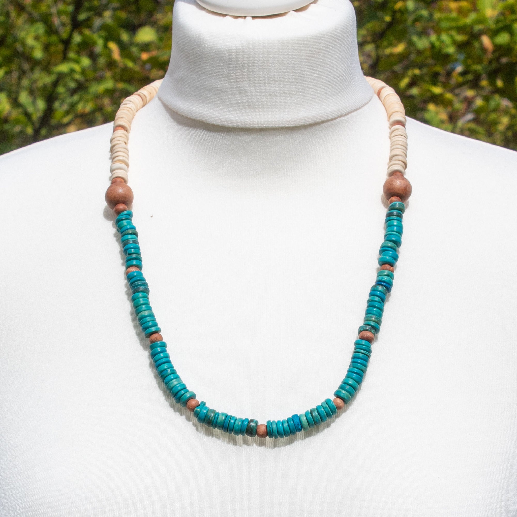 Cream & Turquoise Wooden Bead Necklace | Necklace - The Naughty Shrew