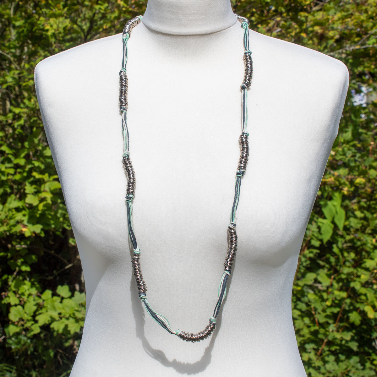 Mint Green &amp; Blue Cord &amp; Metallic Silver Ring Necklace | Necklace - The Naughty Shrew