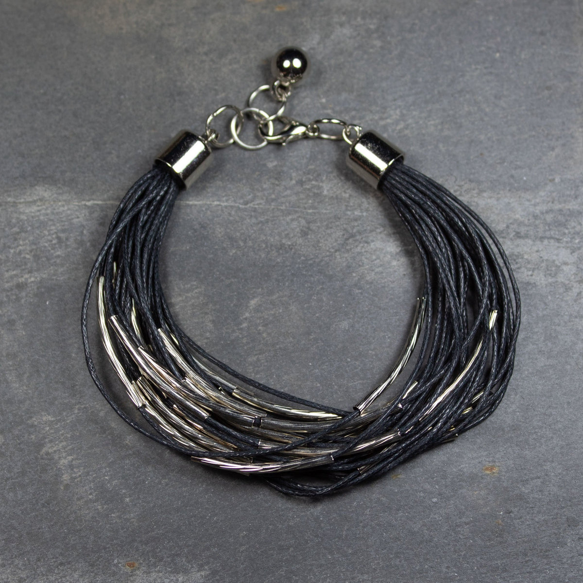 Black Cord &amp; Silver Tube Bead Bracelet | Bracelet - The Naughty Shrew