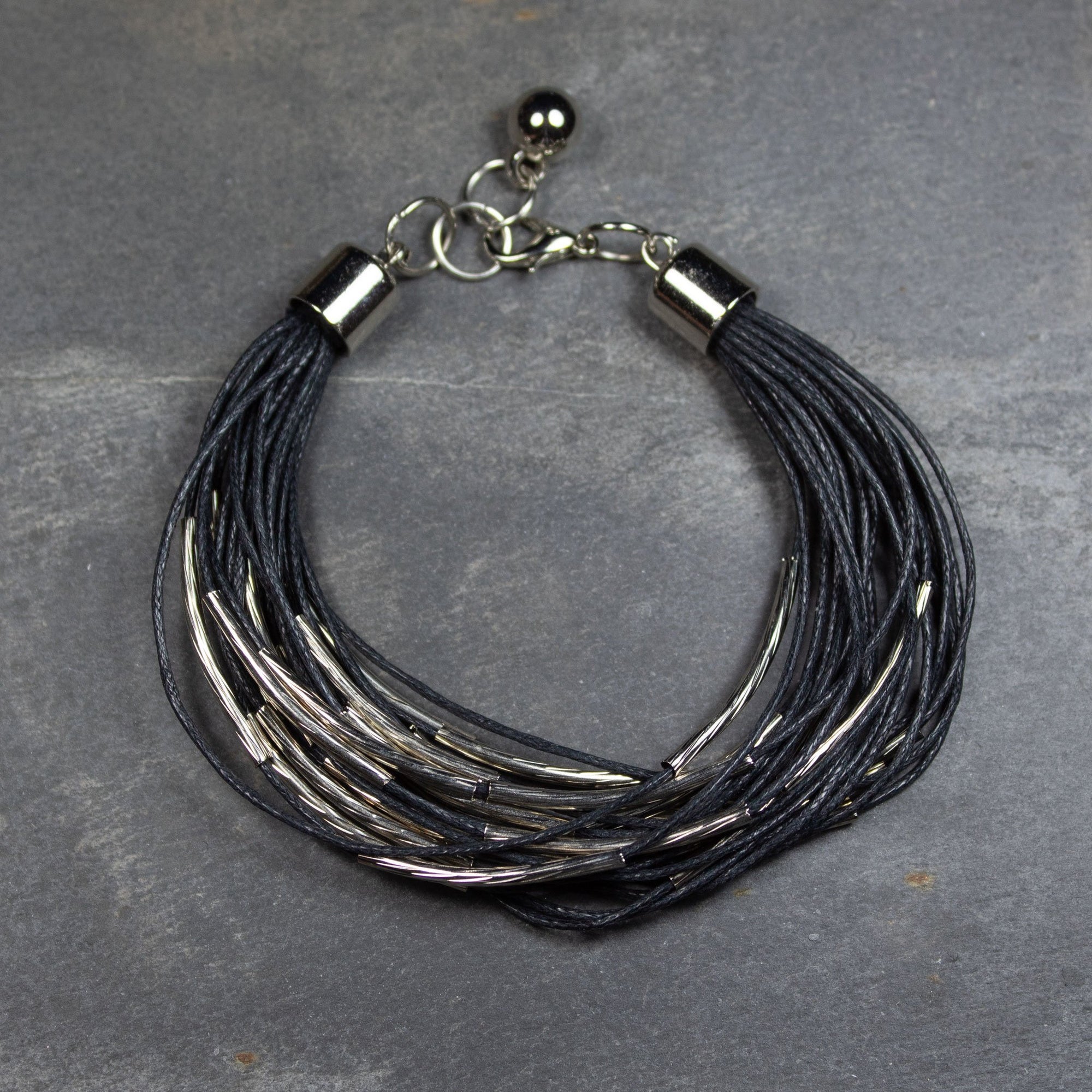Black Cord & Silver Tube Bead Bracelet | Bracelet - The Naughty Shrew