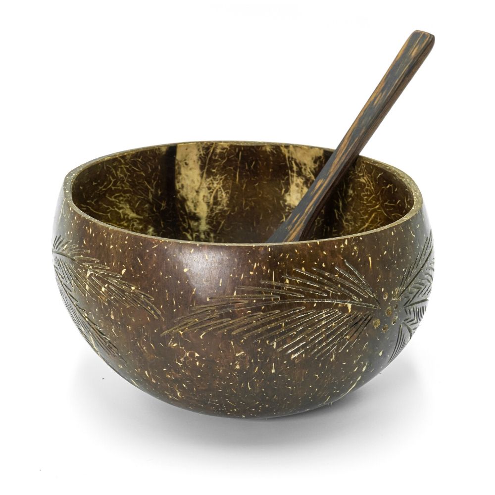 Coconut Bowl (Leaf Pattern) Set with Handmade Wooden Spoon | Bowl - The Naughty Shrew