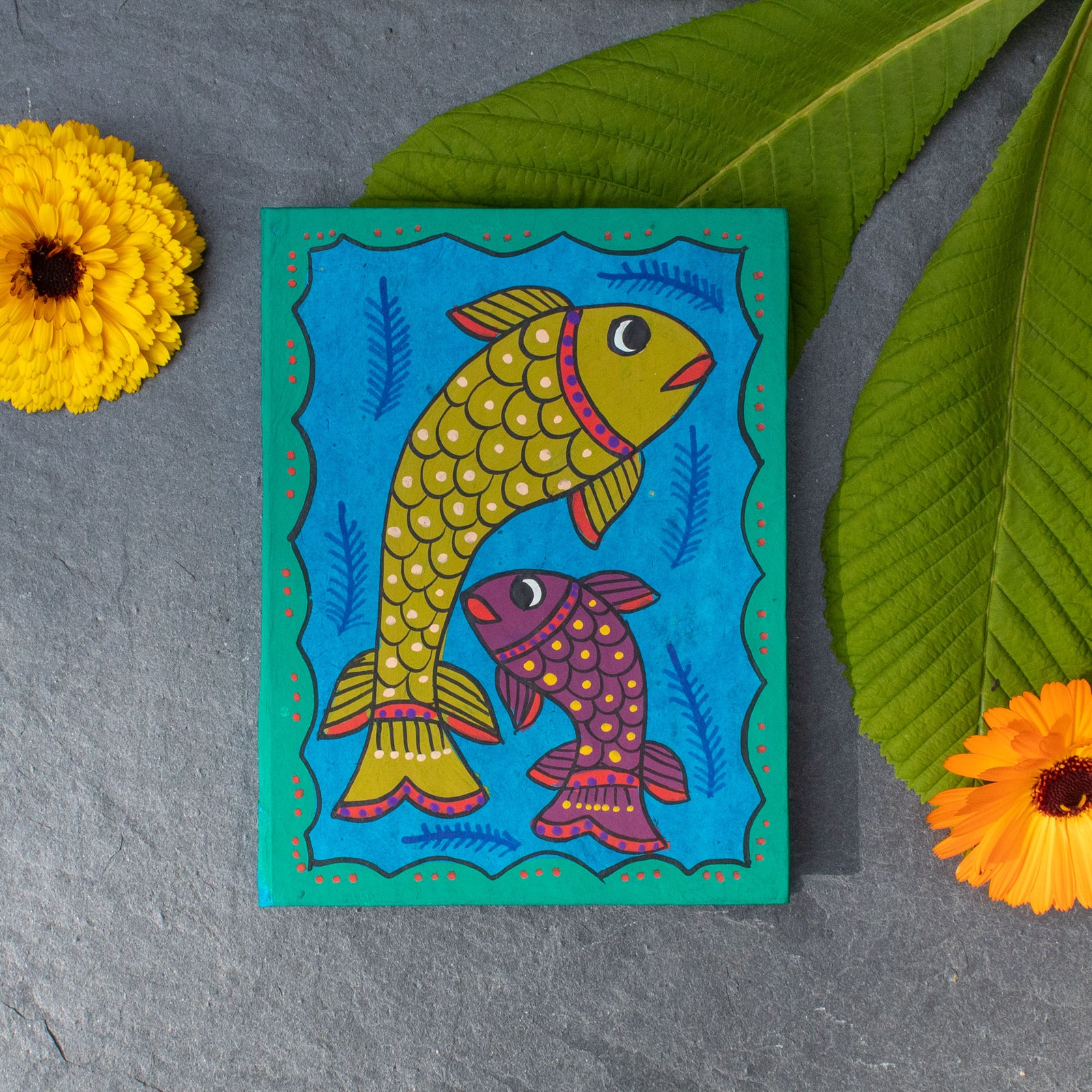 Mudhubani Fish Notepad With Lokta Paper Pages - Green & Blue | Notepad - The Naughty Shrew