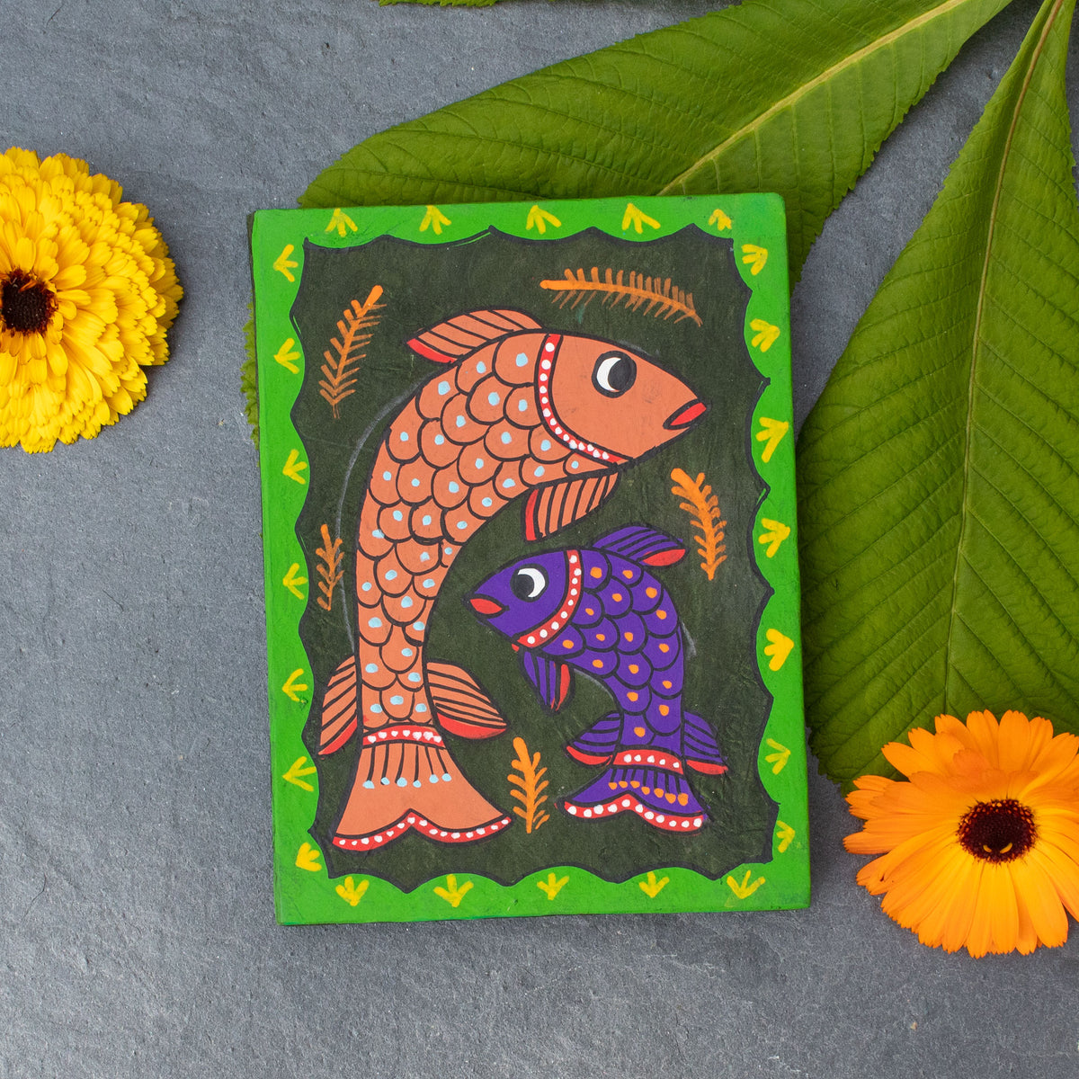 Mudhubani Fish Notepad With Lokta Paper Pages - Green | Notepad - The Naughty Shrew