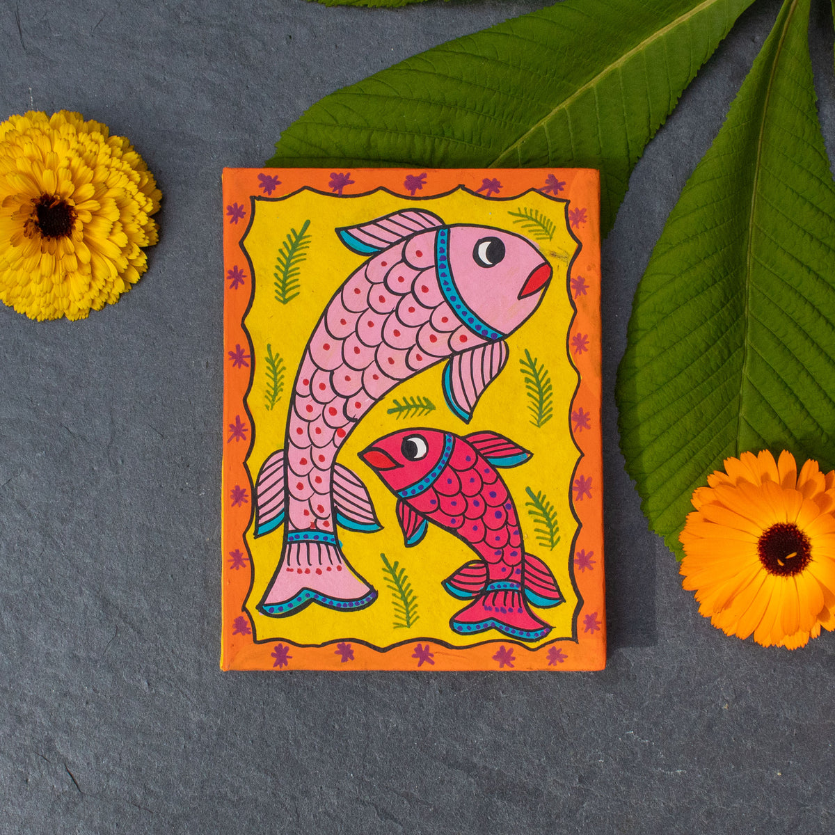 Mudhubani Fish Notepad With Lokta Paper Pages - Yellow &amp; Orange | Notepad - The Naughty Shrew
