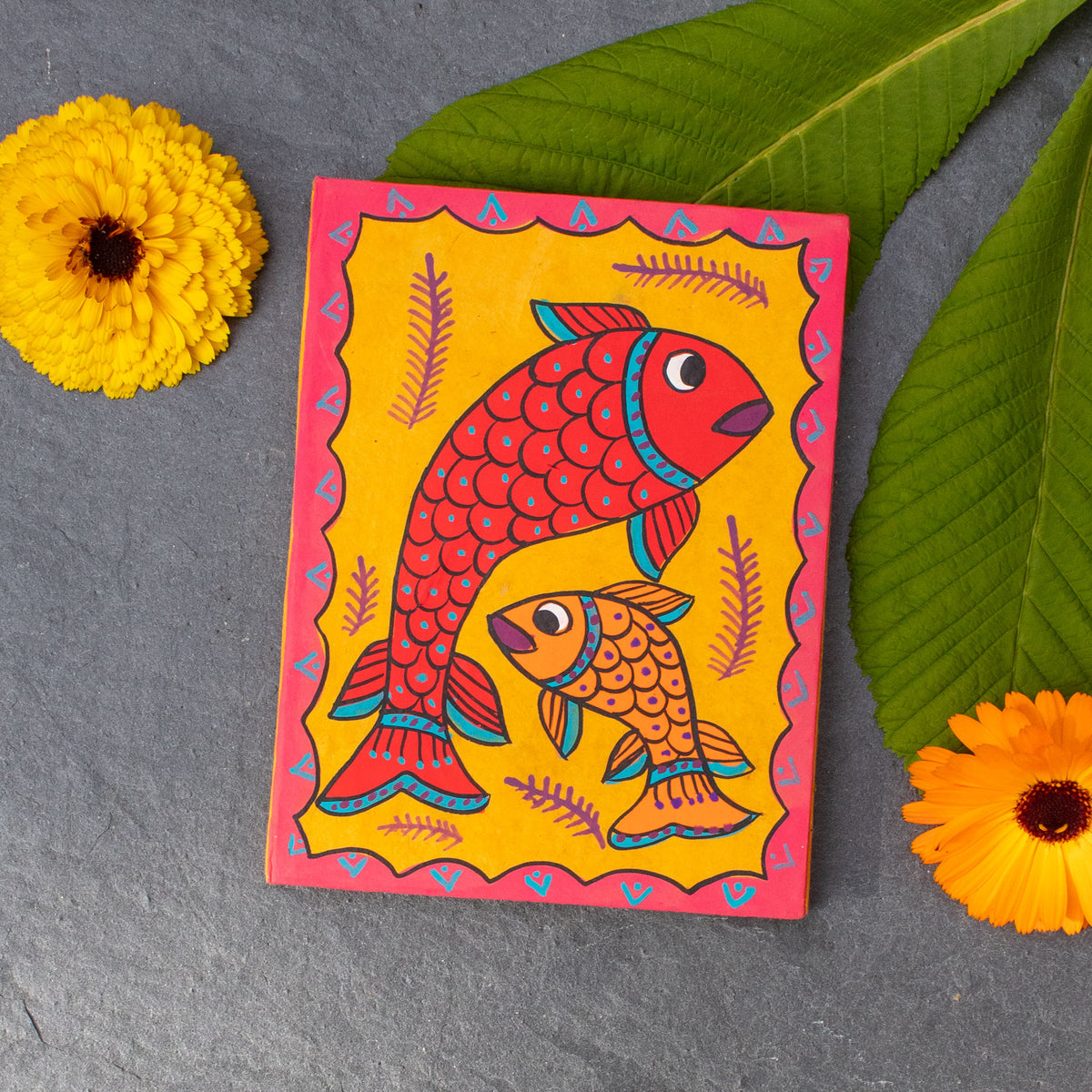 Mudhubani Fish Notepad With Lokta Paper Pages - Red &amp; Yellow | Notepad - The Naughty Shrew